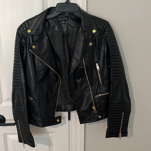Jackets & Blazers - Black faux leather Moto jacket with gold